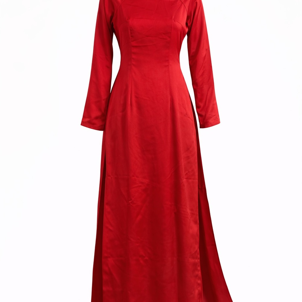 Traditional Vietnamese Ao Dai Set, Ruby Red, Back Zip, With pants Size XXL